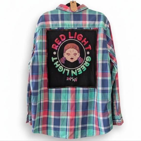 SQUID GAMES Red Light Green Light Young-hee Upcycled Plaid Shirt Hand Crafted